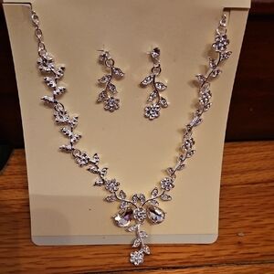Silver and Rhinestone Floral Jewelry Set, Matching Necklace And Earrings, New